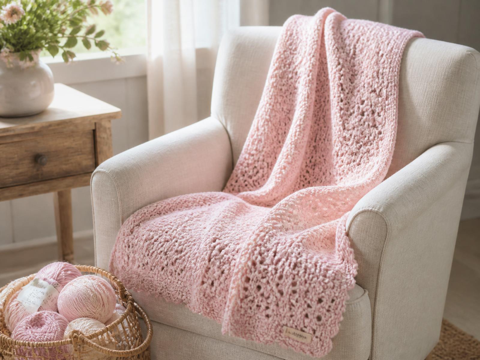 Blush pink handmade crochet blanket draped over a cream armchair